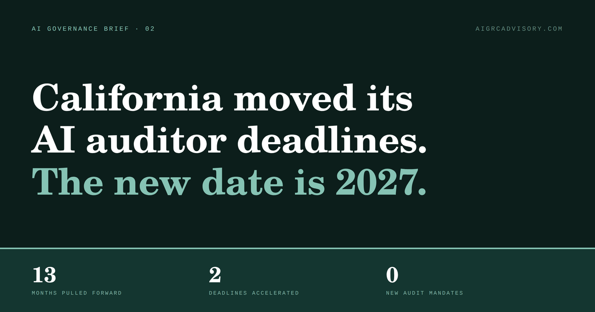 Executive Order N-9-26 moved California's AI auditor deadlines to 2027 — 13 months pulled forward, 2 deadlines accelerated, 0 new audit mandates