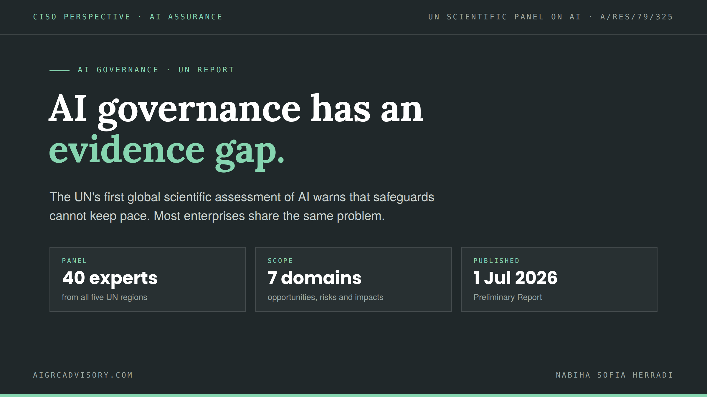 UN AI report featured image: AI governance has an evidence gap. CISO perspective on the UN Scientific Panel on AI Preliminary Report, AI GRC Advisory.